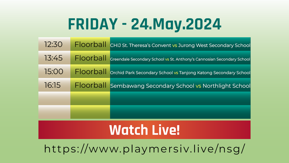 1playglobal's tweet photo. Final matchday of #nsg2024 before the June holidays, we've got four C Division Floorball matches for you. Catch them all live at https://t.co/9pFliOOmdr #sports #schoolsports #youthsports https://t.co/59o7OvwECo