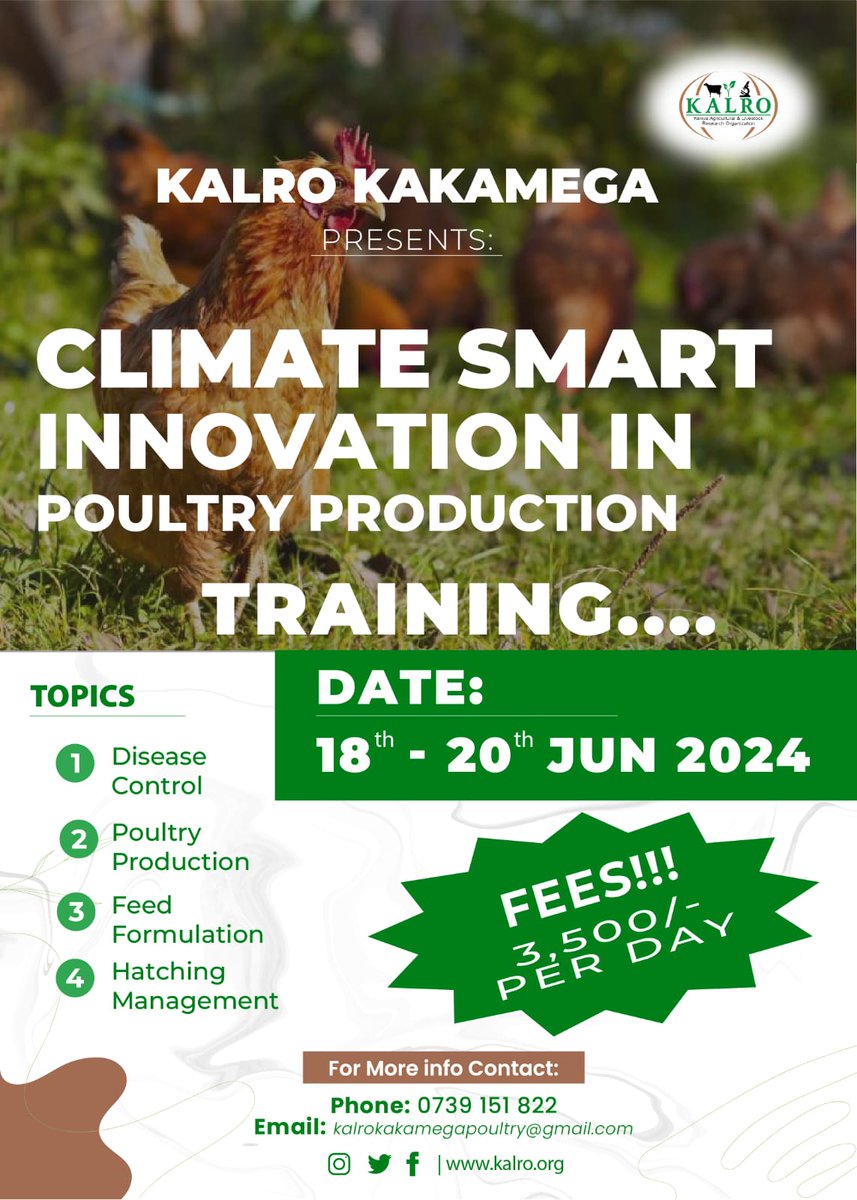 POULTRY TRAINING ALERT!
Are you a poultry farmer in Kakamega and its environs, this opportunity is for you!
🐣 Training Details:
- Duration: Daily sessions feeKsh 3500 per day (ksh 10,500 for full training)
- Topics Covered: