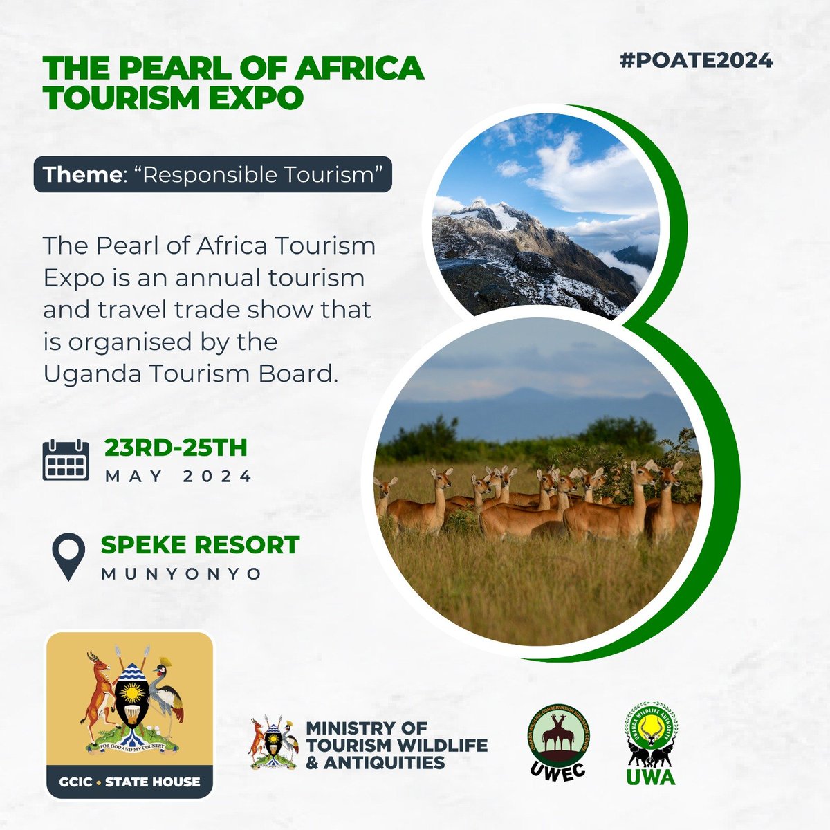 The Pearl of Africa Tourism Expo is on-going starting today 23rd-25th May 2024. Come interact with sector players and stakeholders in the industry @spekeresort #POATE2024 @TourismBoardUg @MTWAUganda @GCICUganda