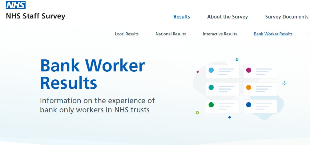 Today we see a milestone laid with the publications of the 2023 NHS Staff Survey results for bank-only workers. 

Reports are presented @ national &amp; trust level
both report groups Include Bank WRES &amp; WDES data.

Bank Worker Results - NHS Staff Survey (nhsstaffsurveys.com)