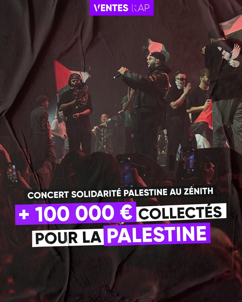 🕊️ L’initiative Solidarité Palestine collecte plus de 100.000 euros à destination de l’ONG Medical Aid for Palestinians.

Le concert caritatif au Zénith de Paris a notamment vu performer TIF, PLK, Zamdane, Alpha Wann, Soolking, Rim’K, mais aussi le palestinien Saint Levant.