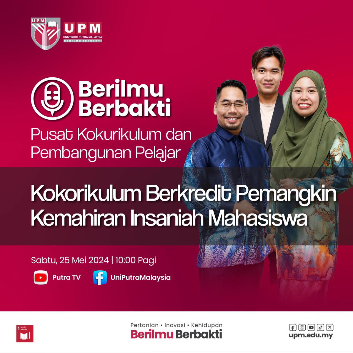 CSDCUpm's tweet photo. Saksikan Audio Siar Berilmu Berbakti x Pusat Kokurikulum dan Pembangunan Pelajar mengupas topik Kokorikulum Berkredit Pemangkin Kemahiran Insaniah Mahasiswa pada 25 Mei 2024 (Sabtu) jam 10.00 pagi bersama: https://t.co/DqdD7rbLRw
