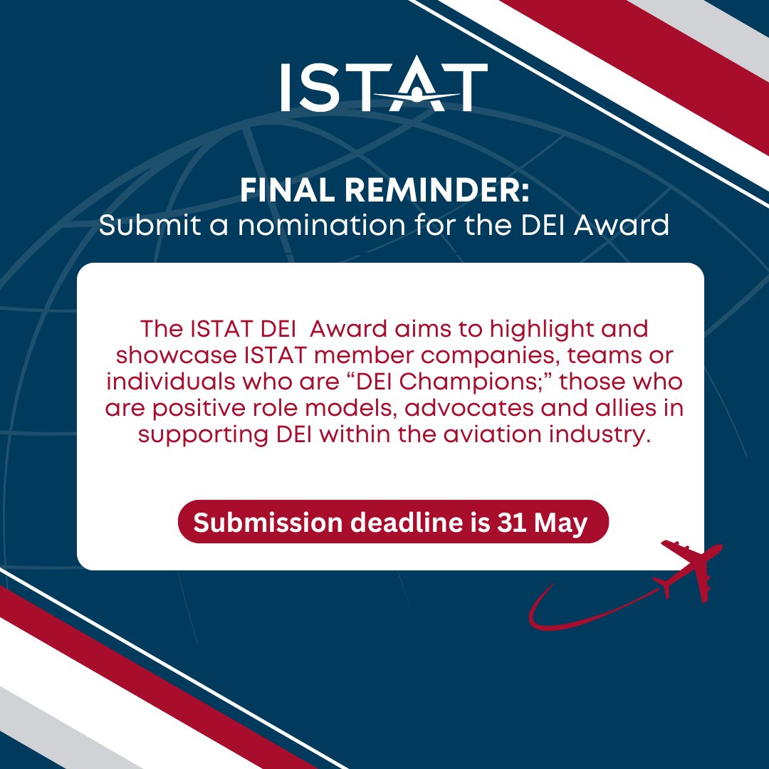 Final reminder: Nominations for the ISTAT DEI Award close on 31 May. The ISTAT DEI Award aims to highlight and showcase ISTAT member companies, teams or individuals who are “DEI Champions”. If you are making an impact in DEI initiatives, apply today! bit.ly/43kX7iH