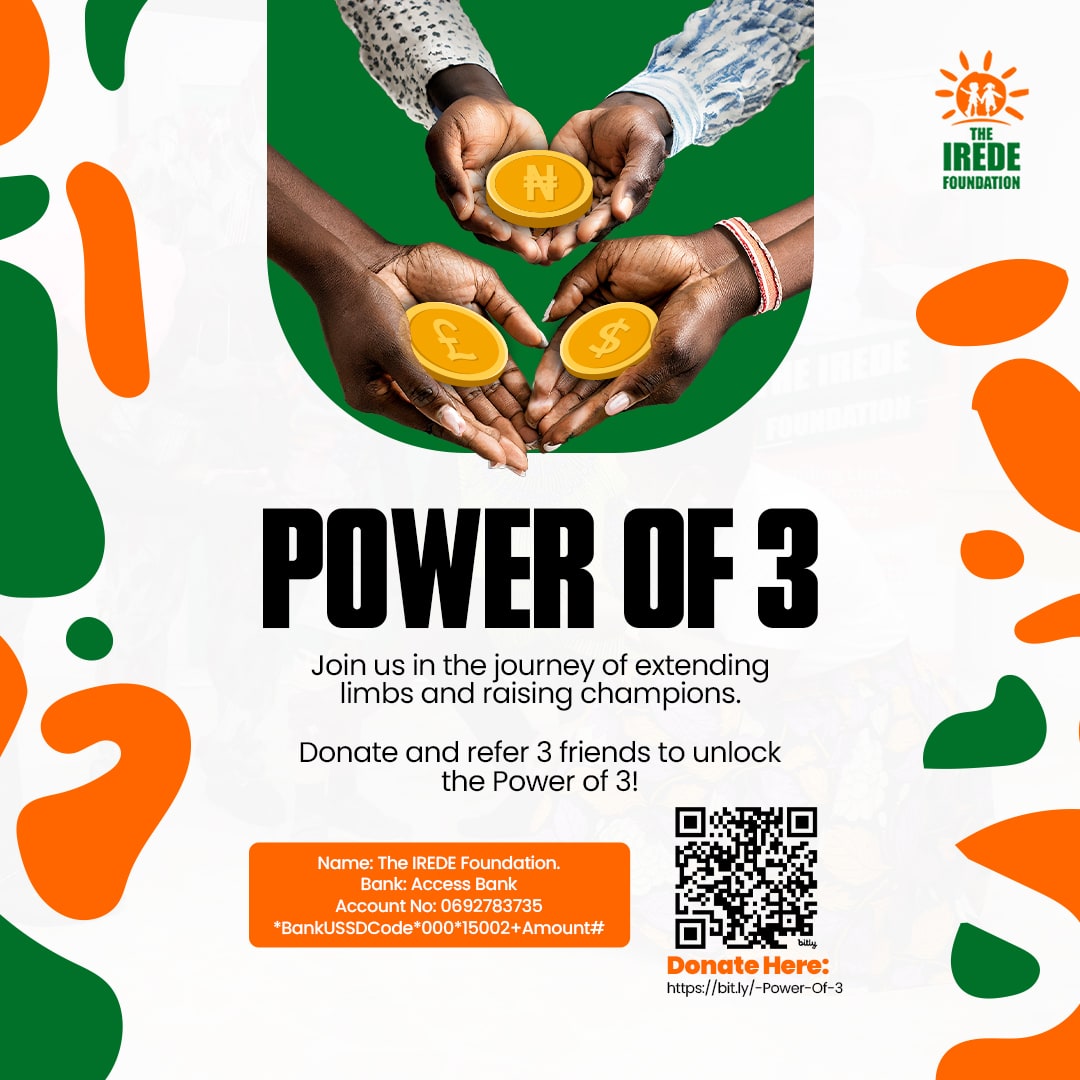 Empower a child amputee with the freedom to walk, run, and play. 

Join our Power of 3 challenge: donate, share the link with 3 friends, and watch the impact multiply!

Kindly donate via: paystack.com/pay/TIFPowerof…

 #PowerOf3 #ChangeALife #SpreadKindness #OutOnALimb