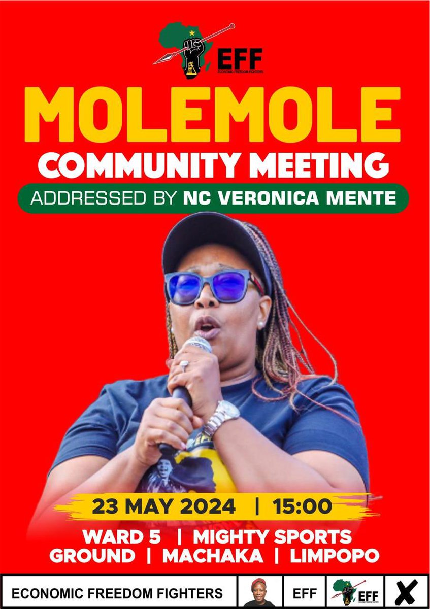 National Chairperson @veronica_mente will address the EFF community meeting in Molemole, Limpopo today. 

When we vote, remember that another achievement of the EFF includes fighting GBV and insourcing of security guards and cleaners. #VoteEFF #EFFCommunityMeetings