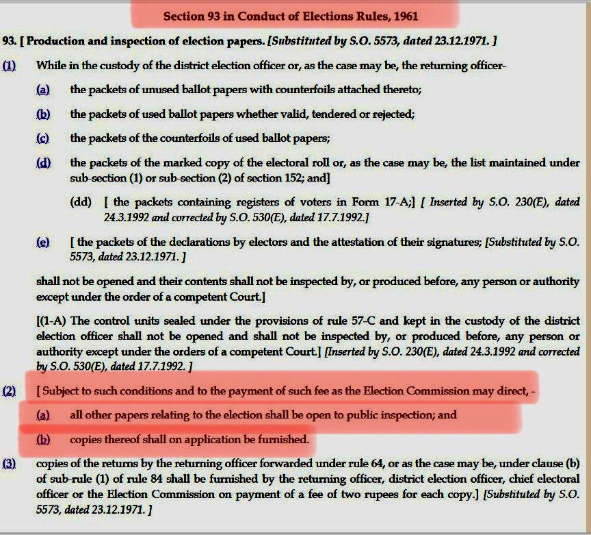 Strangely ECI says there is no legal mandate to provide Form 17C to anyone other than a polling agent. But Rule 93 of Conduct of ElectionsRules allows people to inspect & take copies of Form 17C. ECI needs to be reminded of our right to know as guaranteed by Constitution &RTI Act