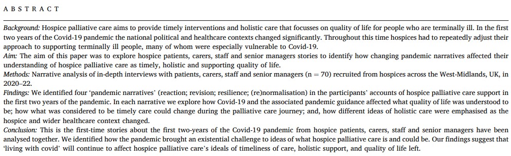 Important new paper looking at the Covid-19 emergency public health period and its effects on hospice palliative care in @socscimed @abiccles @KathrynAlmack @CattyRM @cathgrimley2 sciencedirect.com/science/articl… #PEOLC #Hospices #covid19 🧵 1/