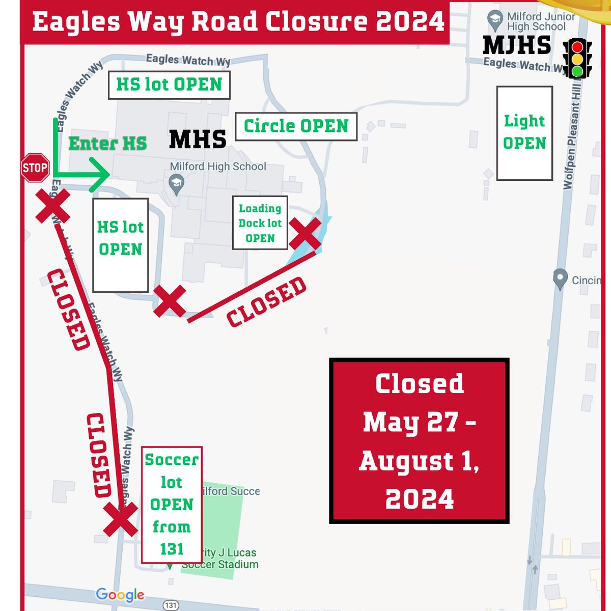👷👷We are improving safety and traffic flow on Eagles Way starting Tuesday👷👷 Thanks for your patience! MJHS and MHS will only be accessible from Wolfpen. All parking lots are open, including the soccer lot at Charity Lucas. Learn more: bit.ly/EaglesWaySumme… @Milford_Super
