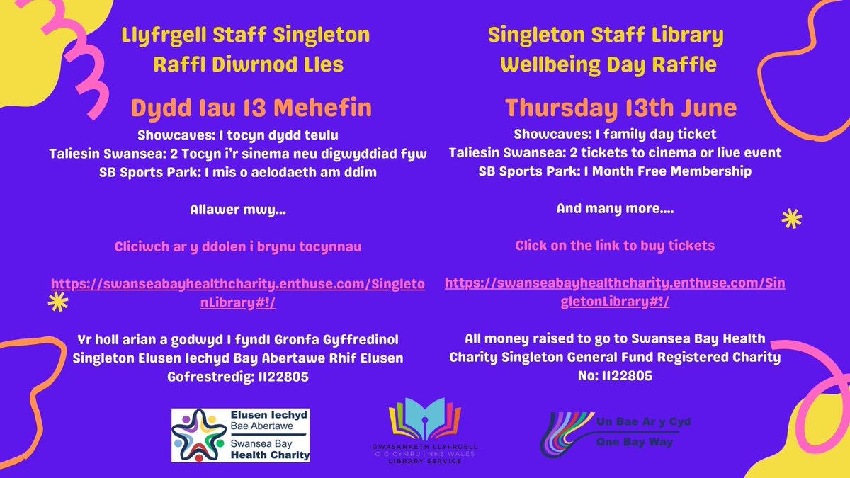 Diolch yn fawr iawn i @showcaves @TaliesinSwansea a @SB_SportsPark am eu rhoddion caredig ar gyfer Raffl Diwrnod Lles Llyfrgelloedd Staff Singleton! Cliciwch ar y ddolen i brynu tocynnau Singleton Hospital Wellbeing Day Raffle (enthuse.com)