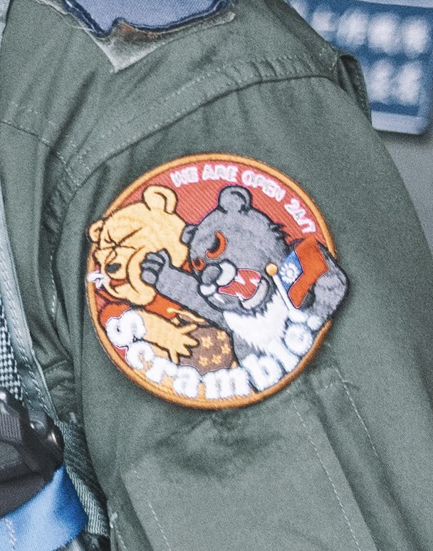 Taiwanese fighter jet pilot with an interesting patch. (April 2023) Taiwanese Black bear holding a national flag, punching Winnie-the-Pooh (mocking Chinese President Xi Jinping’s resemblance).