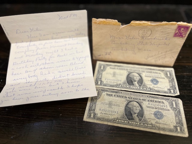 Our collections committee found a letter sent to Helen Zembruski, a patient at Tewksbury Hospital in 1959. Her friend enclosed two dollars for cigarettes and promised a visit soon. #history #friends #Tewksbury