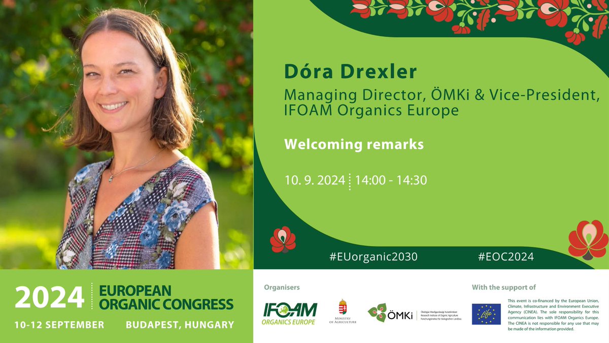 OrganicsEurope's tweet image. Meet Dóra Drexler – #EOC 2024 speaker &amp;amp; co-organiser🌱

Dóra will give welcoming remarks on DAY 1⃣ &amp;amp; moderate sessions on organic market review 📈 &amp;amp; R&amp;amp;I networks and partnerships

Discover more  #EOC2024 speakers  &amp;amp; register today to meet them in person:

europeanorganiccongress.bio