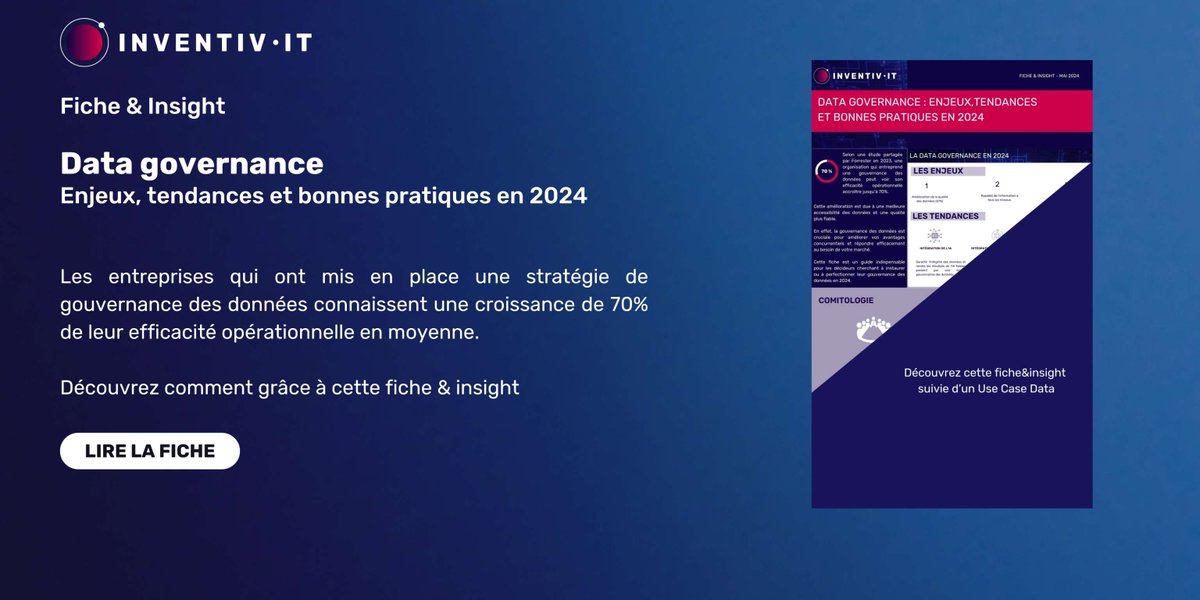 Découvrez notre fiche sur la gouvernance des données ! Enjeux, tendances 2024, organisation, cas d'usage et outils. 

Téléchargez-la maintenant : ow.ly/Zfu150RSeOE

 #DataGovernance #IA #DataTrends