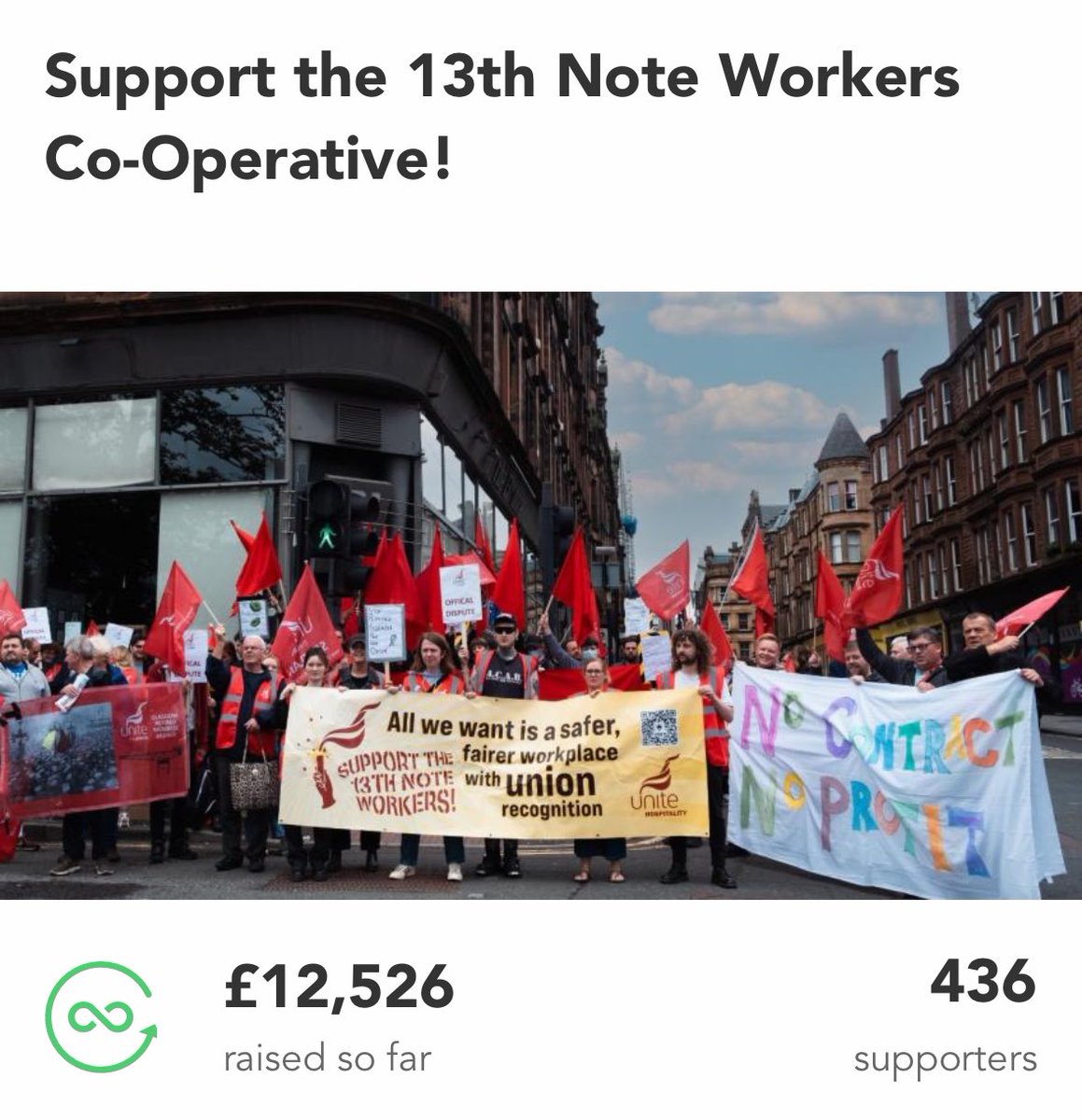FairHospitality's tweet image. Thanks to everyone who has supported our members at @13thNoteWorkers as they aim to take back the venue under workers control. 

Over £12k raised and almost 4000 supporters on the petition! 

We can do this!