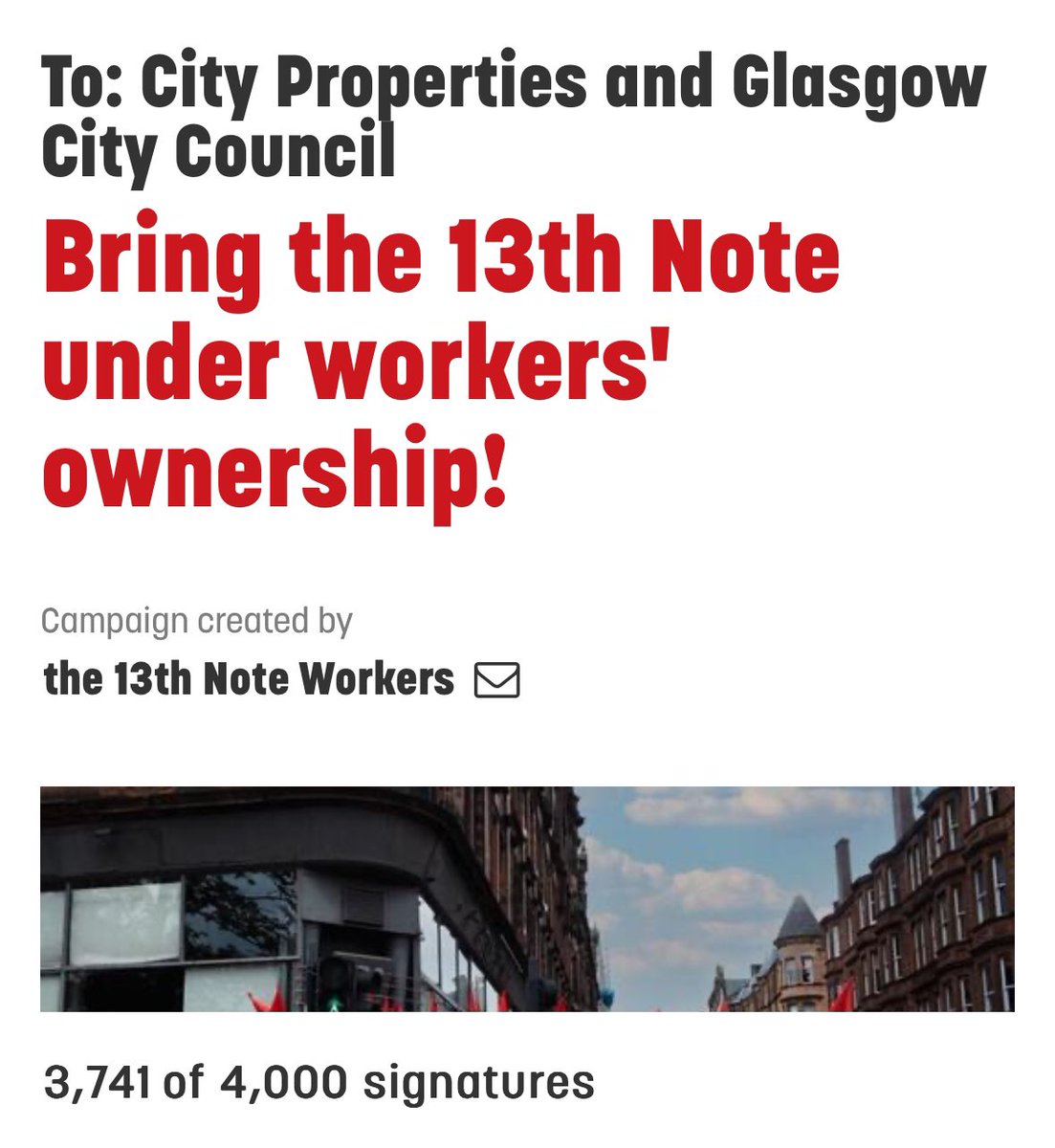 FairHospitality's tweet image. Thanks to everyone who has supported our members at @13thNoteWorkers as they aim to take back the venue under workers control. 

Over £12k raised and almost 4000 supporters on the petition! 

We can do this!