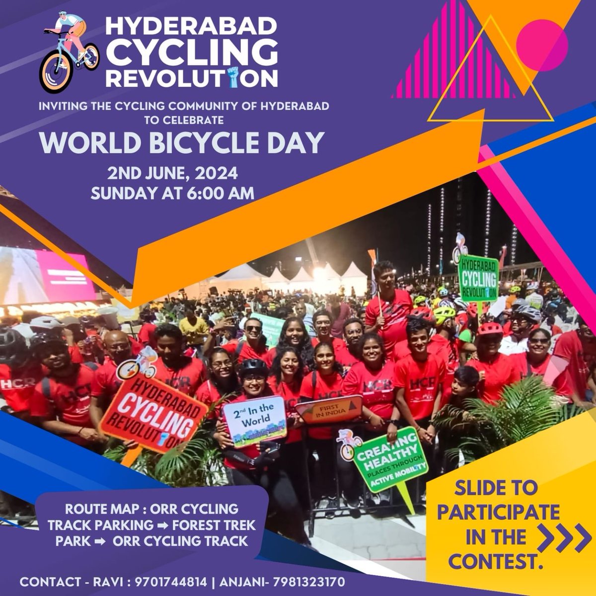 #HyderabadCyclingRevolution inviting the cycling Community of Hyderabad to celebrate #WorldBicycleDay 2024 at @HydCyclingTrack @healthway11023 @md_hgcl @BicyclingNewsIn @TelanganaCMO @ErikSolheim @sselvan @SarikaPanda @DrBhairrviJoshi @Anjani_Tsn @manreddy @modacitylife