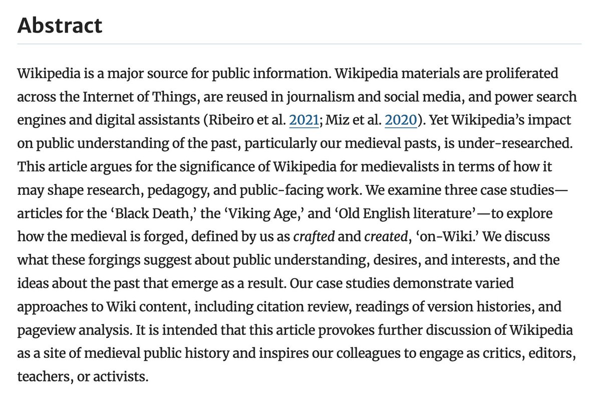 'Forging the medieval on Wikipedia', new on @postmedieval , FREE open access! link.springer.com/article/10.105… Written with @lucyajmmoore + @RichardNevell ✨✨ Congrats @RebeccaMenmuir @HJP_Armstrong for creating this special issue on 'Forging the Medieval'! @wikimediauk @UoYArchaeology