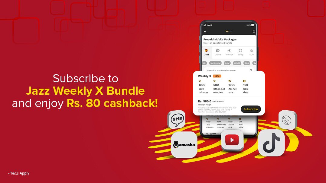 Enjoy weekly cashbacks with JazzCash! Subscribing to Jazz Weekly X bundle via JazzCash gets you Rs.80 in cashback. Download the app now: bit.ly/3CS8cti