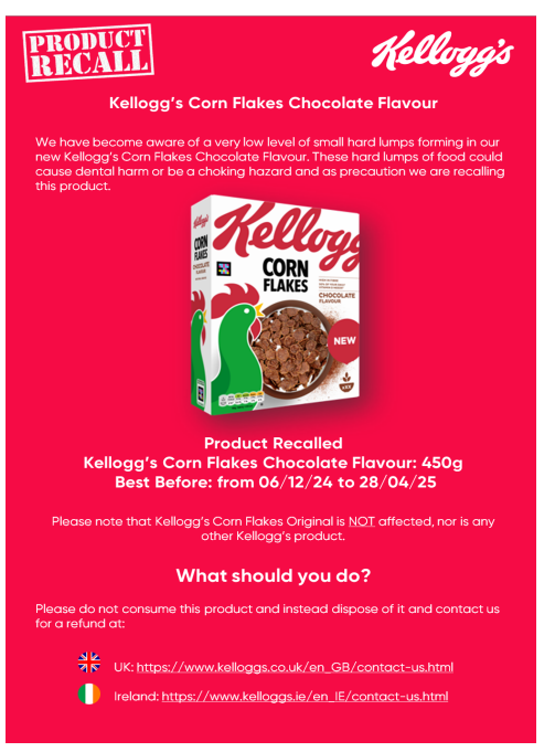 Kellogg’s is recalling Kellogg’s Corn Flakes Chocolate Flavour because they may contain small hard lumps of food which have formed in the product. This makes the product unsafe to eat. Find more info here: bit.ly/3wCVxwL