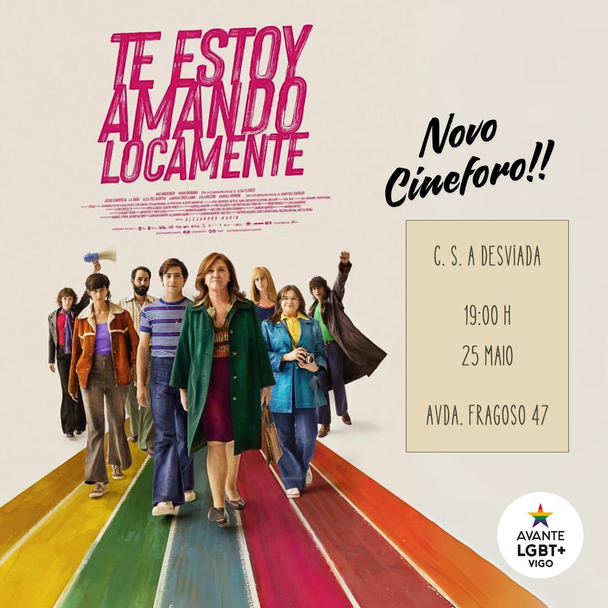 Cinefórum de maio 🎥🏳️‍🌈 Última actividade antes do Orgullo!! Este sábado ás 19h imos proxectar 'Te estoy amando locamente', co posterior comentario conxunto do filme. Terá lugar no novo Centro Social A Desviada (Fragoso 47), vémonos alí!!