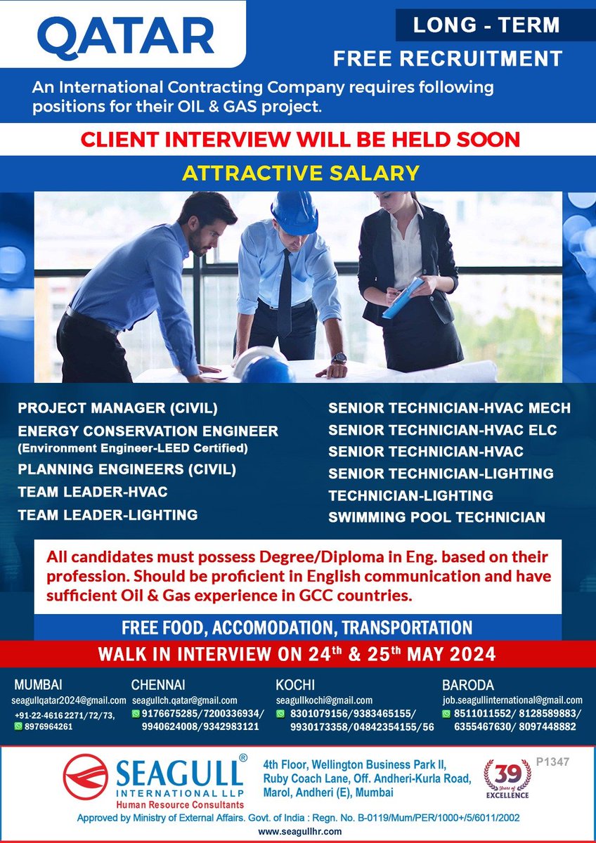 🇶🇦Qatar Jobs 
✔Free Recruitment - Long Term Project
💻 Client Interview Will Be Held Soon
📝Walk In Interview On 23rd & 24th May 2024
📍Location- Mumbai , Chennai , Kochi & Baroda
.
.
.
#qatarjobs #seagull #projectmanager #teamleader