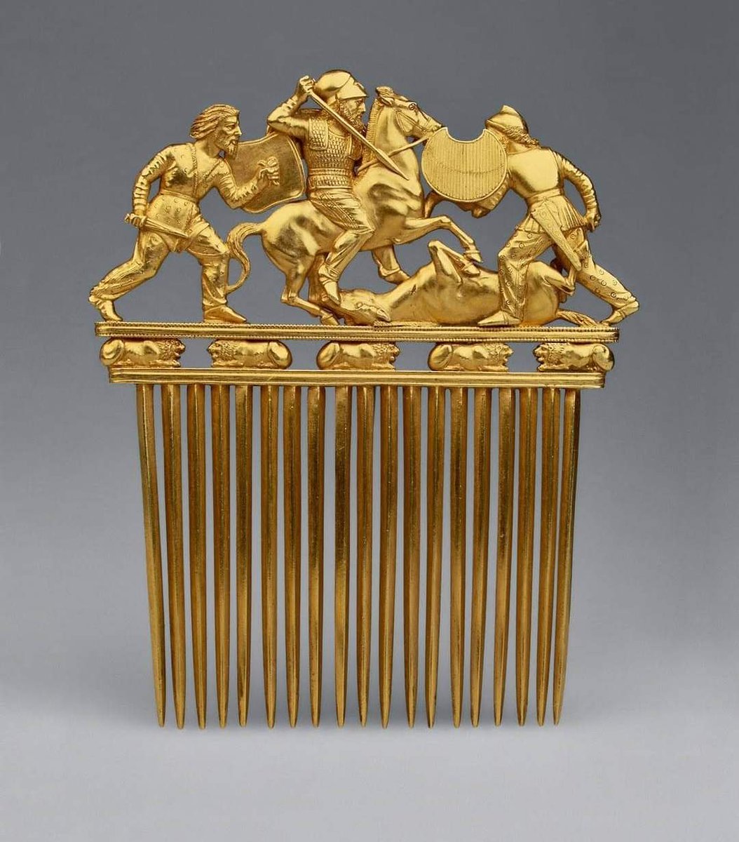 Golden Comb (Solocha Comb) of  Scythians (4th Century BC), made by a Greek sculptor, with a crest showing Scythian warriors in battle, was found in grave of Scythian leader in mound of Solokha, Kurgan in Ukraine, in 1913. Scythians (9th-3rd Century BC), an ancient nomadic people