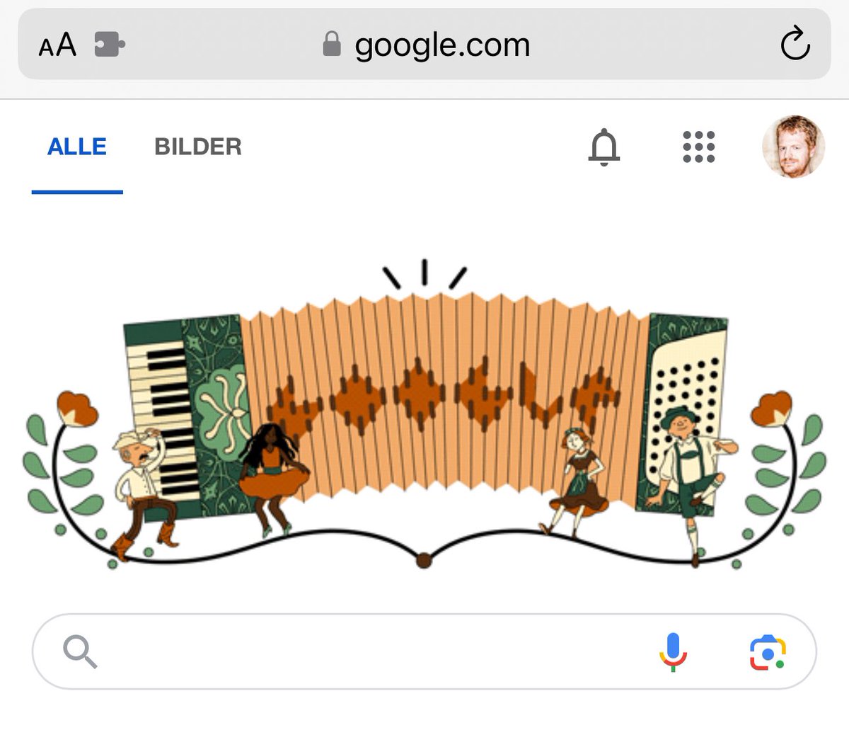 Der Google doodle heute: 'Das heutige Doodle feiert das Akkordeon, ein kastenförmiges Musikinstrument, das im 19. Jahrhundert in Deutschland'