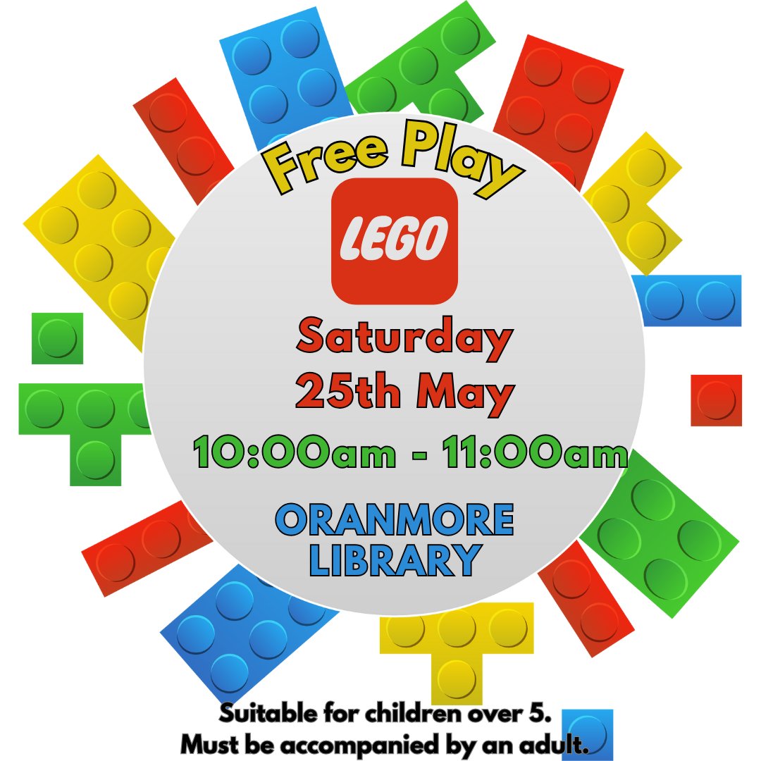 Lego in @OranmoreLibrary this Saturday May 25th at 10am. Suitable for children over 5 - must be accompanied by an adult. #LEGO #PublicLibraries #LoveLibraries @Community_Hubs @GalwayCoCo @oranmoreDOTie