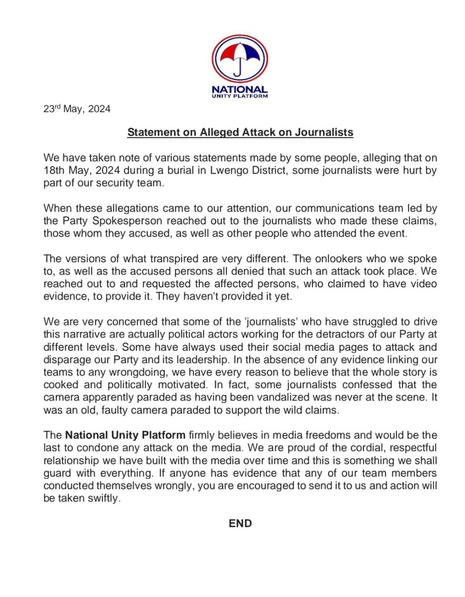 It’s unfortunate that a party waiting to be in power, claims to be champions of justice can write such a shabby statement that’s gone out there unsigned and accuses journalists of being political actors. The freedom of the press ought to be protected at all times. Media serves as