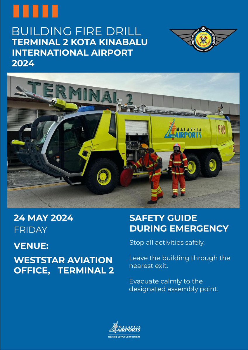 Dear passengers, Kota Kinabalu International Airport (BKI) will be conducting a fire drill from 2:30 pm onwards on 24 May 2024. Safety measures will be strictly observed during this exercise. #MYairportsshares #BKI