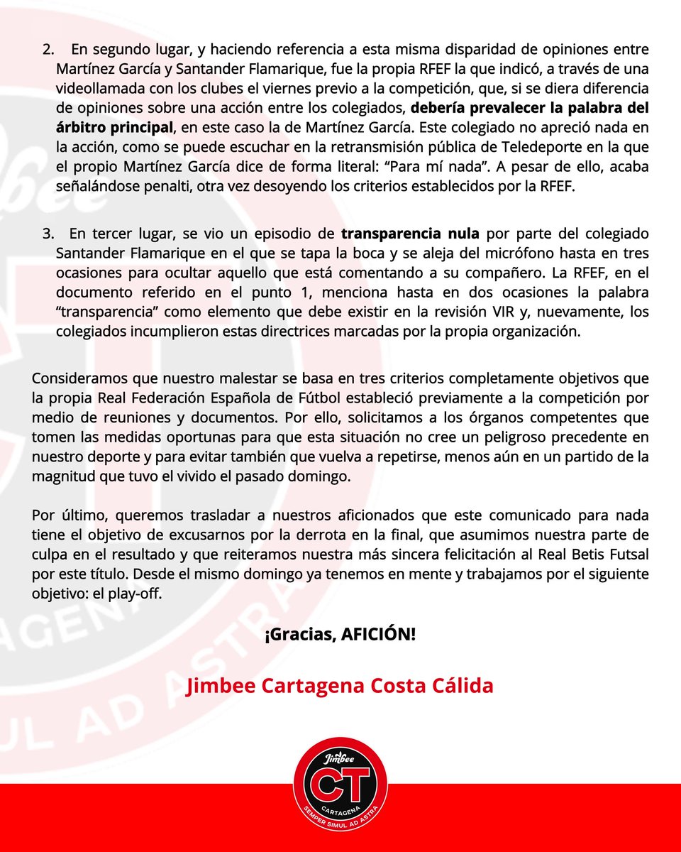 COMUNICADO OFICIAL | Sobre el arbitraje y el VIR en la final de la Copa del Rey 

🔗 jimbeecartagena.com/2024/05/23/com…

#CopaDelReyFS