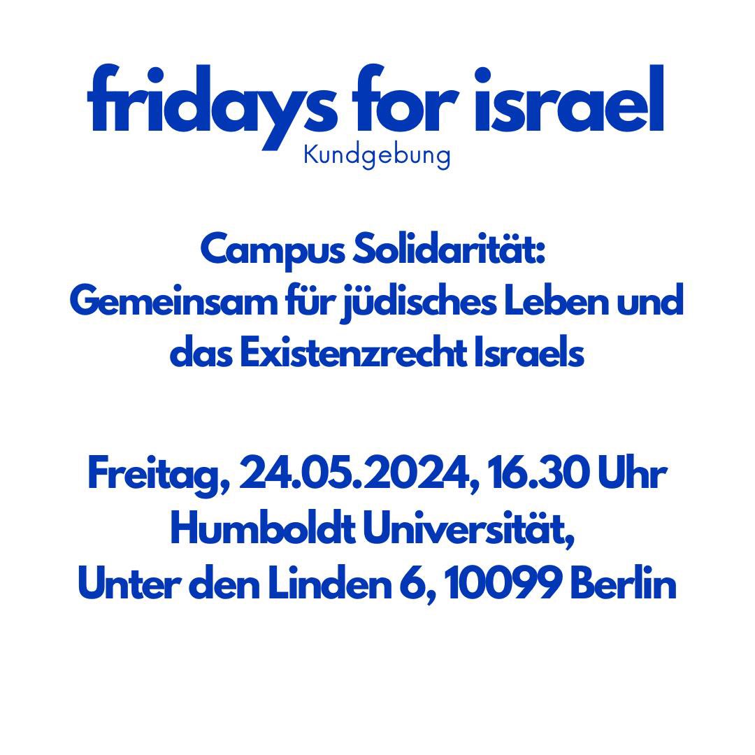 Morgen 16:30 Uhr sind wir erneut vor der HU! Nach den Besetzungen des SoWi Gebäudes und den Vorkommnissen an der Charité werden wir diesen Freitag wieder zeigen: Antisemitismus darf an unseren Universitäten nicht akzeptiert werden. Wir stehen an der Seite jüdischer Studierender!