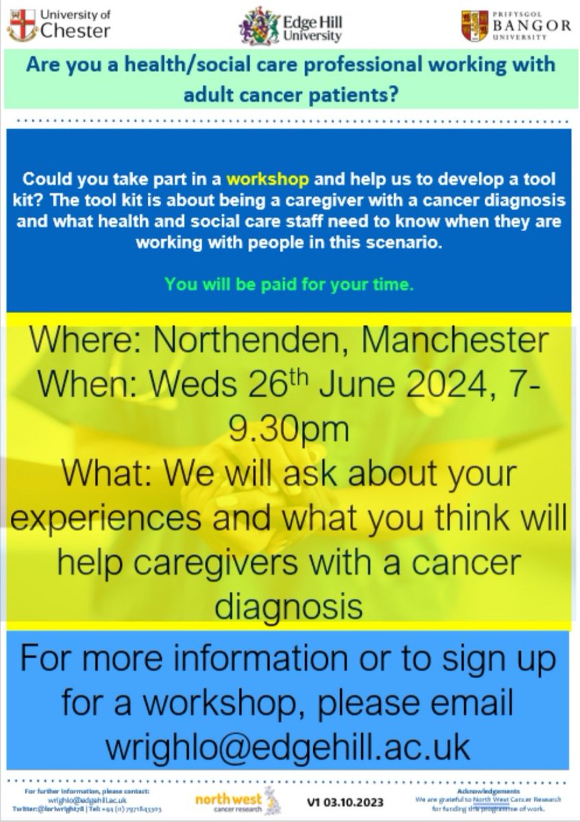 Cancer care professional working with patients aged 16+? Could you attend a workshop to help us develop a tool kit for use with cancer patients who are also caregivers? Details below. Pls RT 👍