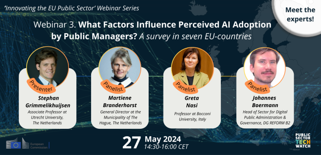 Joinup_eu's tweet photo. 🗓️Join us on Monday, May 27 from 14:30-16:00 (CET) for a seminar on #AI adoption by public managers across seven EU countries.
💡Discover insights from a survey of 500 #PublicManagers, panel discussions with experts, and audience Q&A.
Register here!👉https://t.co/QVEut5a1qS https://t.co/EG5GRjv4IX