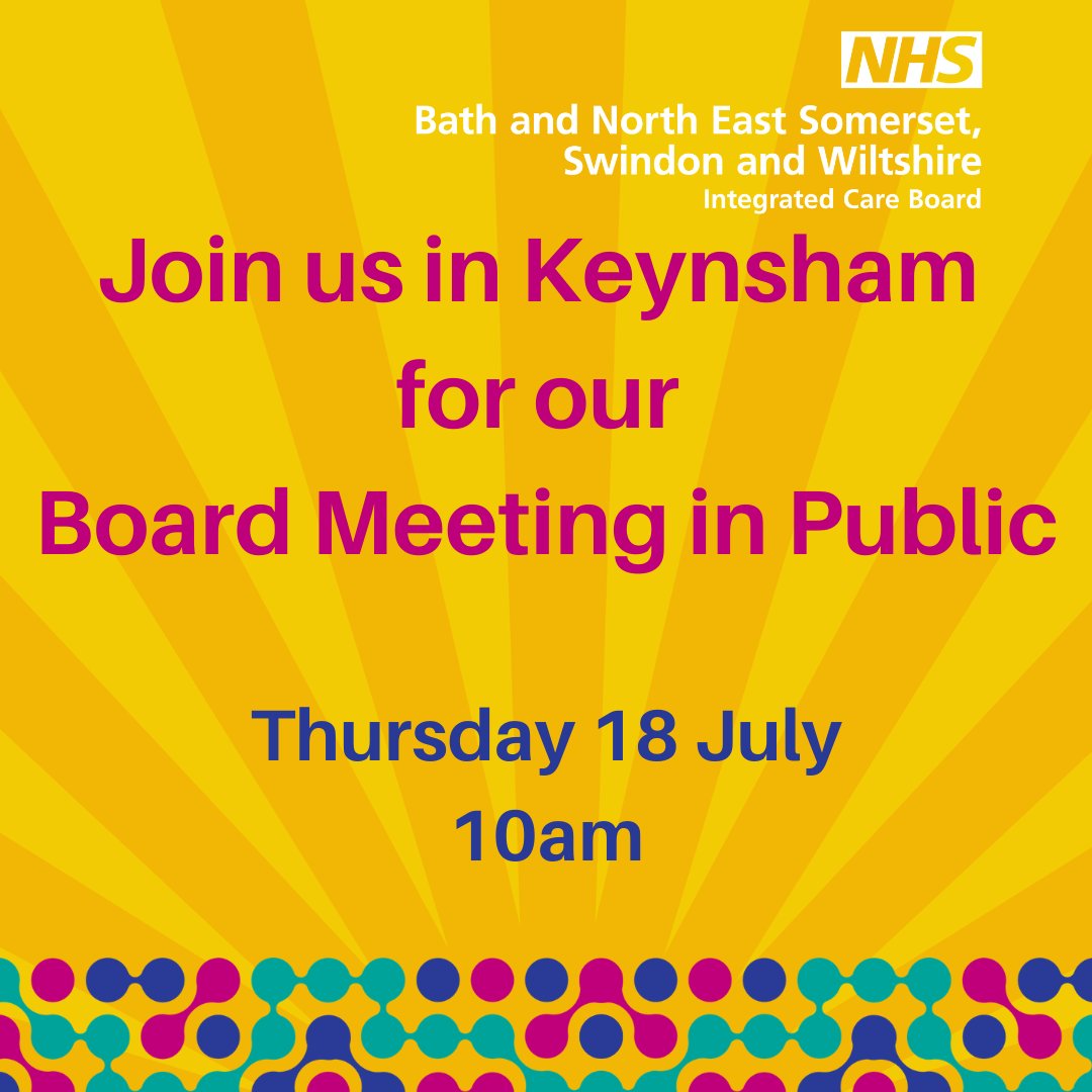 Our next Board Meeting in Public takes place on Thursday 18 July at Somerdale Pavilion, Keynsham (Near Bath), BS31 2FW. Deadline for public questions is 5pm, Tuesday 9 July. Register your interest by emailing bswicb.communications@nhs.net More info 👉 bit.ly/4bpil1P