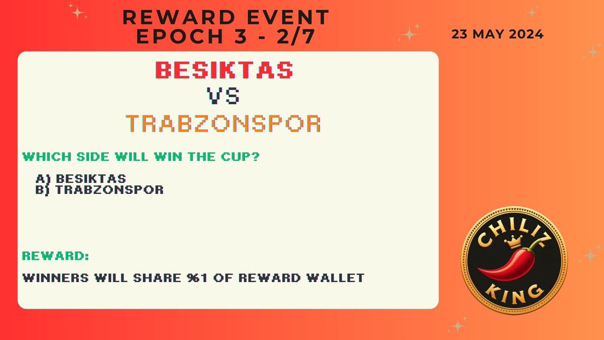 ChilizKing (@chilizking) on Twitter photo ⚽️Reward Event - 23 May ⚽️
Turkish Cup Final in Istanbul. <a href="/Besiktas/">Beşiktaş JK</a> vs <a href="/Trabzonspor/">Trabzonspor</a>.
❓ Who will win the cup?
A) Besiktas
B) Trabzonspor
To enter:
✅Leave your prediction and wallet address
✅Hold 10m $KING
✅Like & RT
🗣️ #ChilizKing is the first reward token of <a href="/Chiliz/">Chiliz - The Sports Blockchain</a> and ⚽️Reward Event - 23 May ⚽️
Turkish Cup Final in Istanbul. <a href="/Besiktas/">Beşiktaş JK</a> vs <a href="/Trabzonspor/">Trabzonspor</a>.
❓ Who will win the cup?
A) Besiktas
B) Trabzonspor
To enter:
✅Leave your prediction and wallet address
✅Hold 10m $KING
✅Like & RT
🗣️ #ChilizKing is the first reward token of <a href="/Chiliz/">Chiliz - The Sports Blockchain</a> and