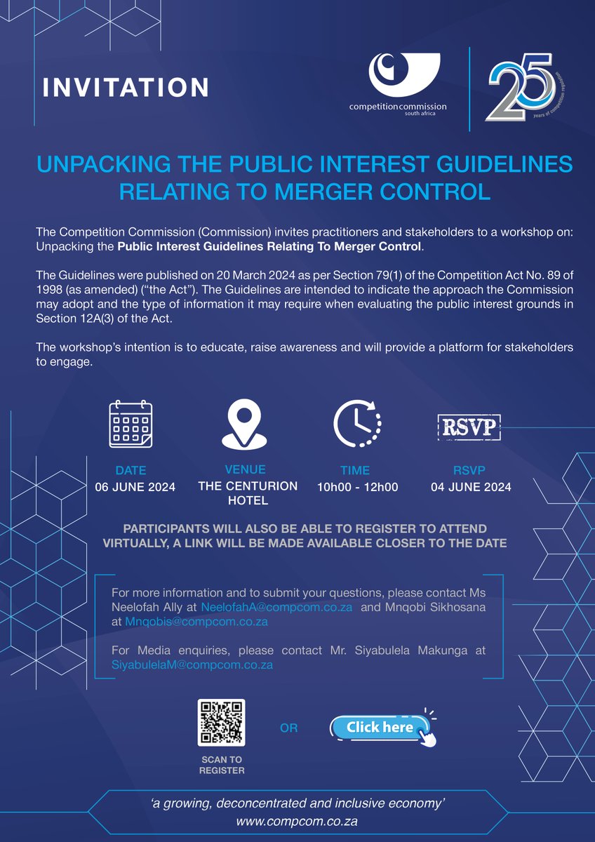 Invitation : Unpacking the public interest guidelines relating to merger control Click here to register: tinyurl.com/yc32sdze