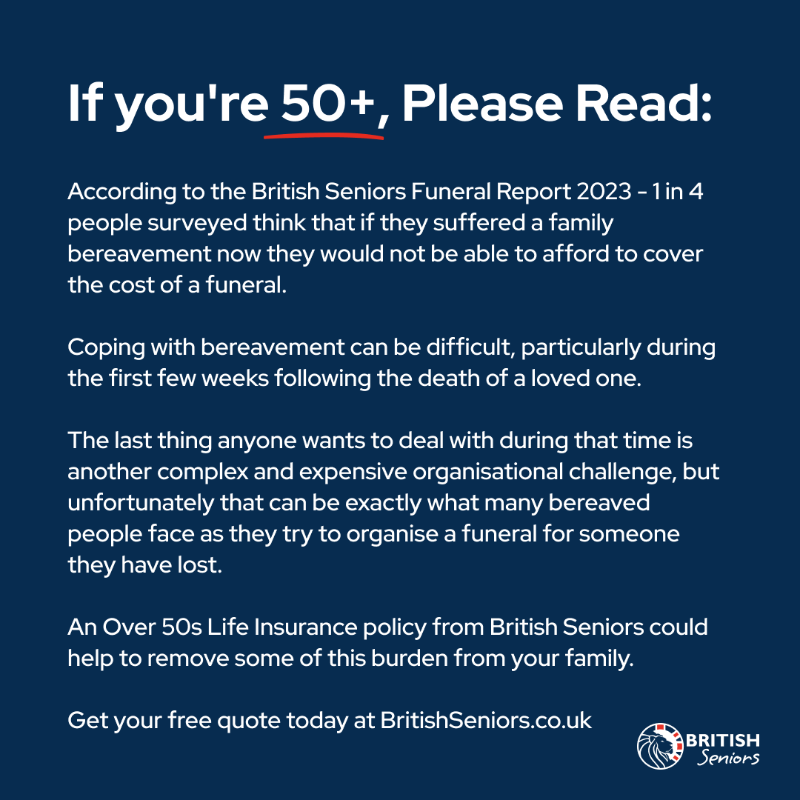 british_seniors's tweet photo. Get peace of mind and help take the financial burden from your family with an Over 50s Life Insurance policy.

✅ Guaranteed acceptance for UK residents aged 50-80

✅ No Medicals or Blood tests

✅ New Customers get a choice of £125 gift card*

Click Below To Get A Quick Quote