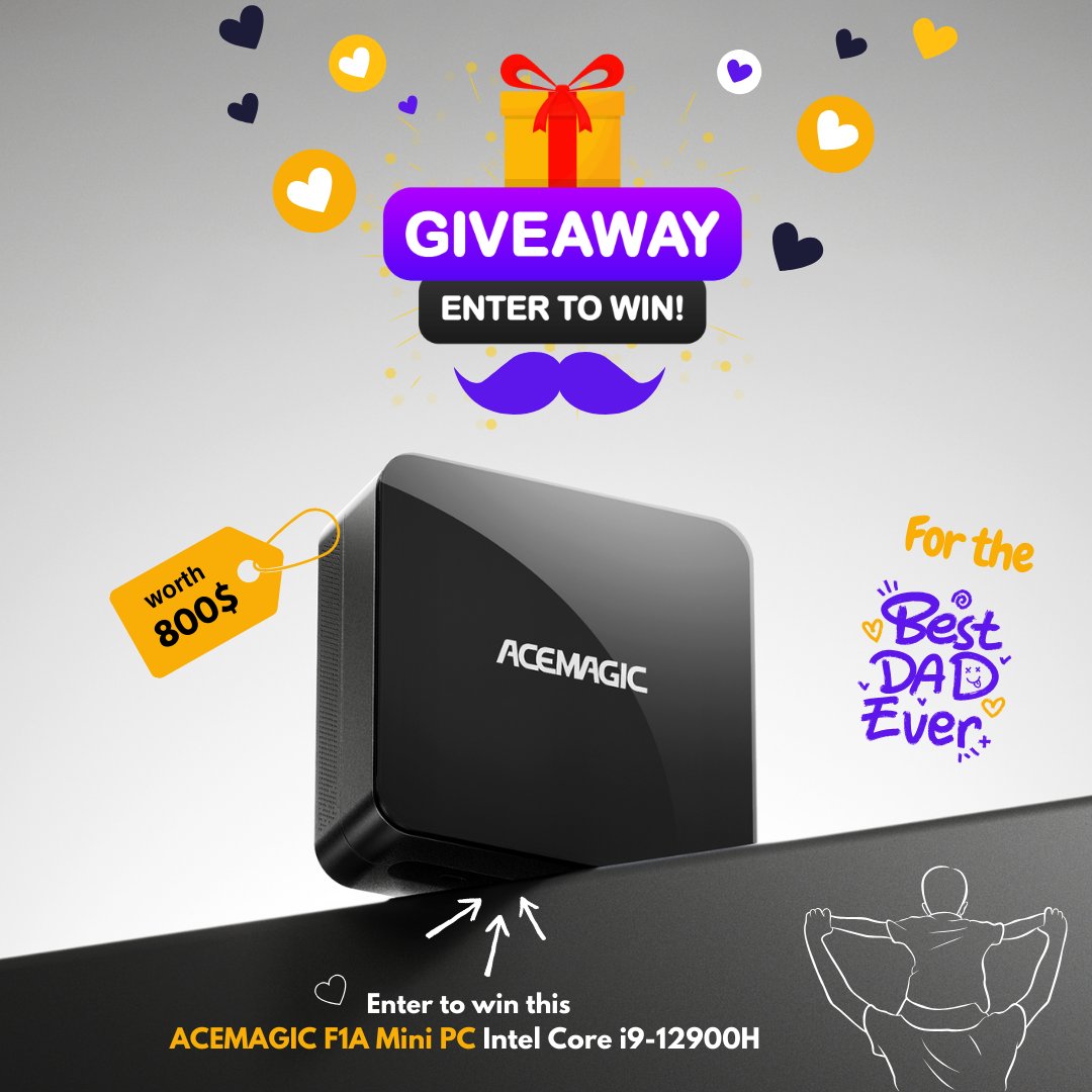 🎁 #GiveawayAlert🎉 For Father’s Day, enter for a chance to WIN (01) #ACEMAGICF1A Intel Core i9-12900H #MiniPC valued at $800!!!😲🤩 👉 bit.ly/AceMagic_F1A_m… 🔥All you need to do is simply: ✔ Follow @Acemagic_MiniPC & Like this tweet ✔ Visit bit.ly/acemagic_member &