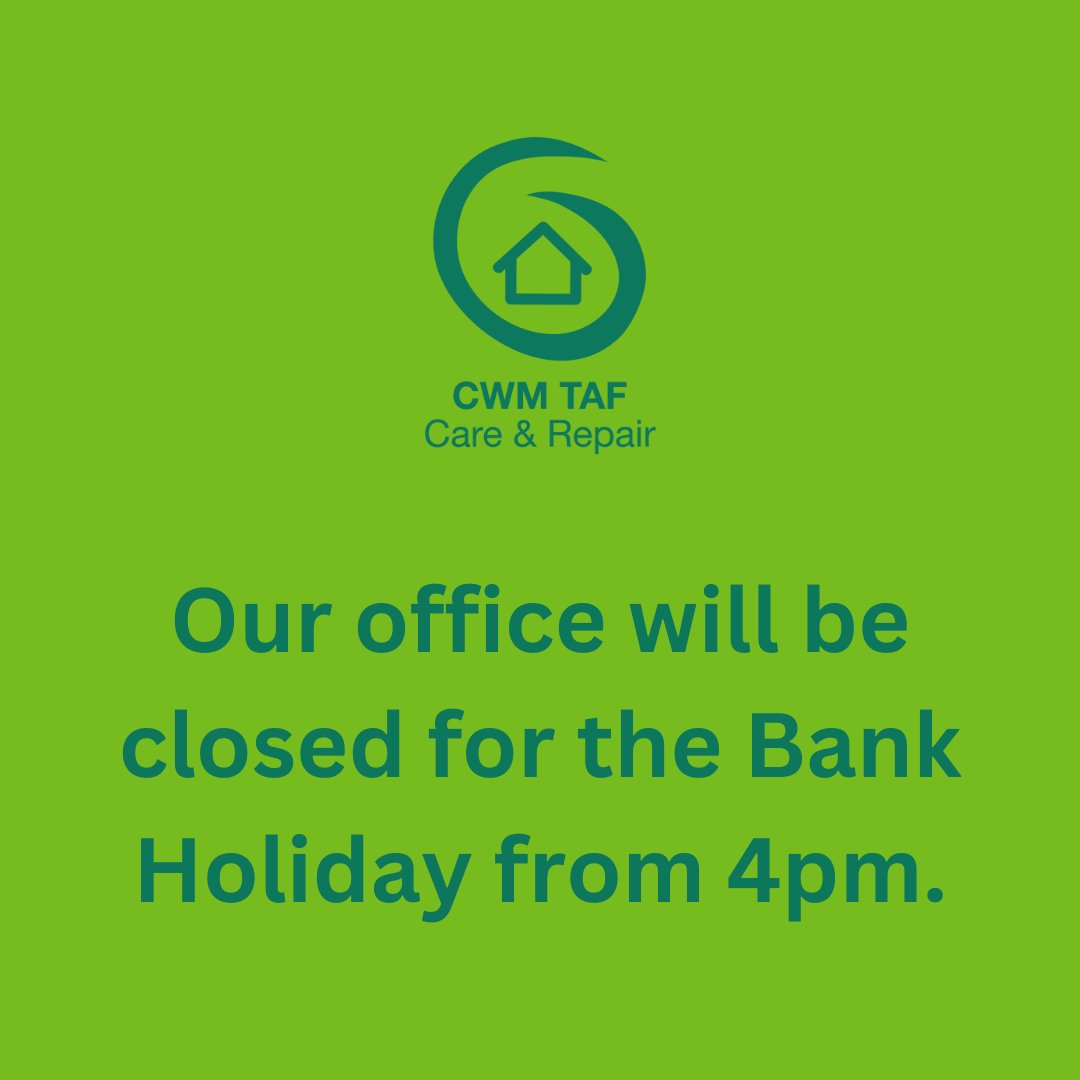 CwmTaf Care & Repair (@cwmtafcandr) on Twitter photo It's another #BankHoliday & our offices will be closed from 4pm today, with #TeamCwmTafCR back on Wednesday 29 May from 9am to continue supporting our clients to live safely & independently.
<a href="/InterlinkRCT/">Interlink RCT</a> <a href="/RCTCouncil/">RCT Council</a> @MerthyrCBC <a href="/CwmTafMorgannwg/">Cwm Taf Morgannwg University Health Board</a> <a href="/ctmrpb/">Cwm Taf Morgannwg Regional Partnership</a> <a href="/VAMTtweets/">VAMT</a> It's another #BankHoliday & our offices will be closed from 4pm today, with #TeamCwmTafCR back on Wednesday 29 May from 9am to continue supporting our clients to live safely & independently.
<a href="/InterlinkRCT/">Interlink RCT</a> <a href="/RCTCouncil/">RCT Council</a> @MerthyrCBC <a href="/CwmTafMorgannwg/">Cwm Taf Morgannwg University Health Board</a> <a href="/ctmrpb/">Cwm Taf Morgannwg Regional Partnership</a> <a href="/VAMTtweets/">VAMT</a>