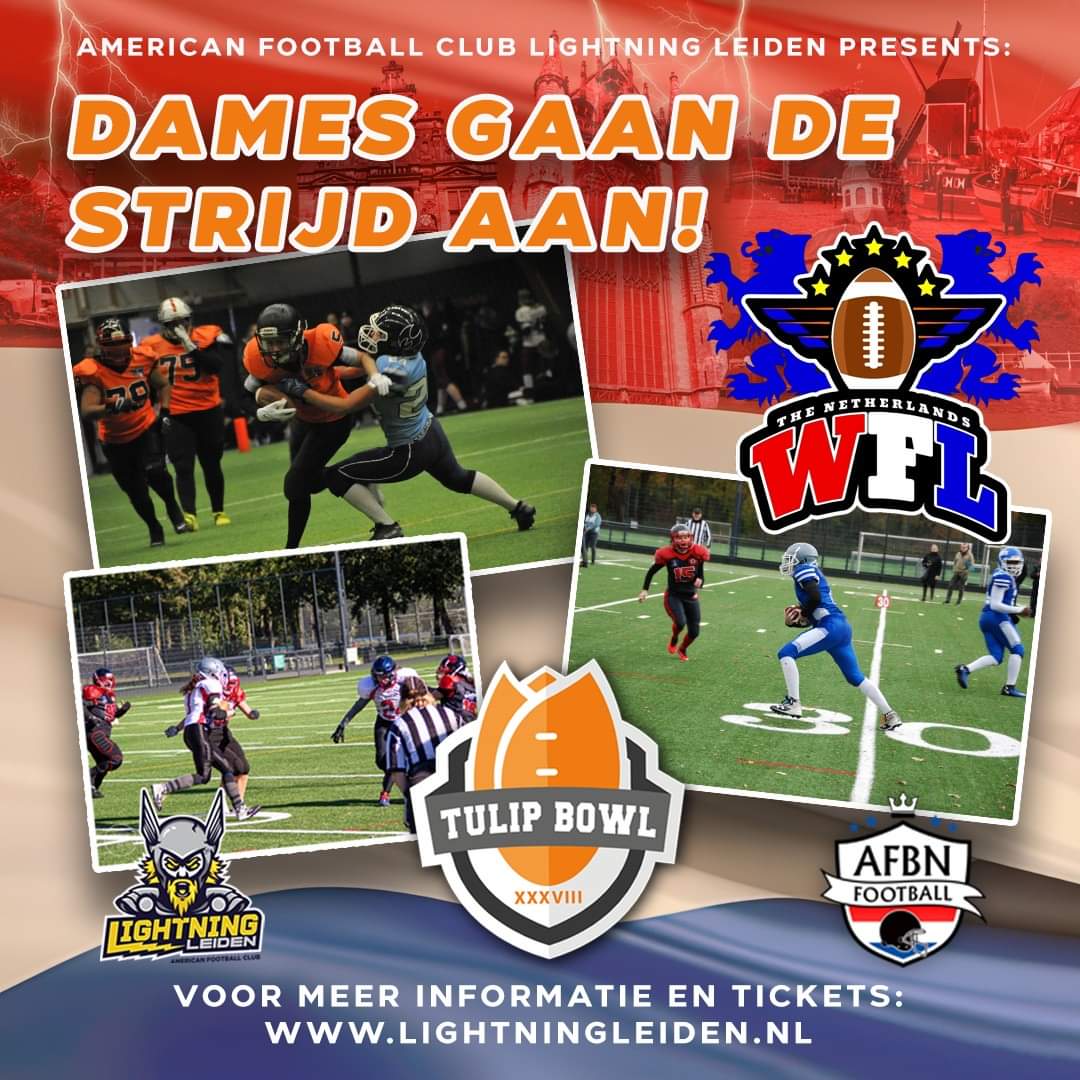 WFL Bowl 2024 
Ook dames spelen American Football in Nederland. Twee teams, één bowl. Beide teams strijden om de WFL Bowl en het is winner takes it all! Maak kennis met de dames variant van deze sport, en koop je tickets op  lightningleiden.nl en moedig ze aan op 7 juli!