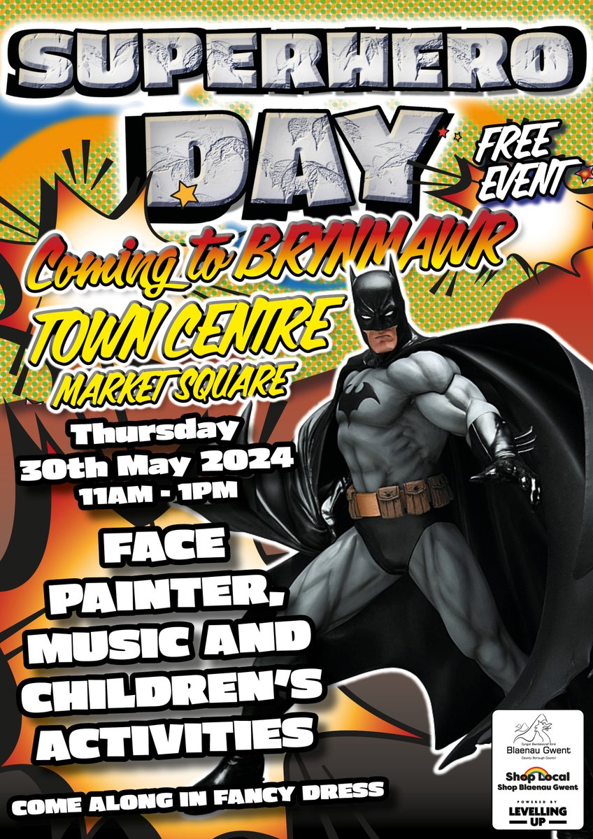 Looking for a super fun-filled Whitsun break on the 30th May? Join the superheroes at Brynmawr Town Centre! 🦸‍♂️🦸‍♀️ Enjoy tons of exciting activities and meet your favourite superhero. Save the date for an epic time! #WhitsunBreak #SuperheroFun #BrynmawrTownCentre #Shoplocal