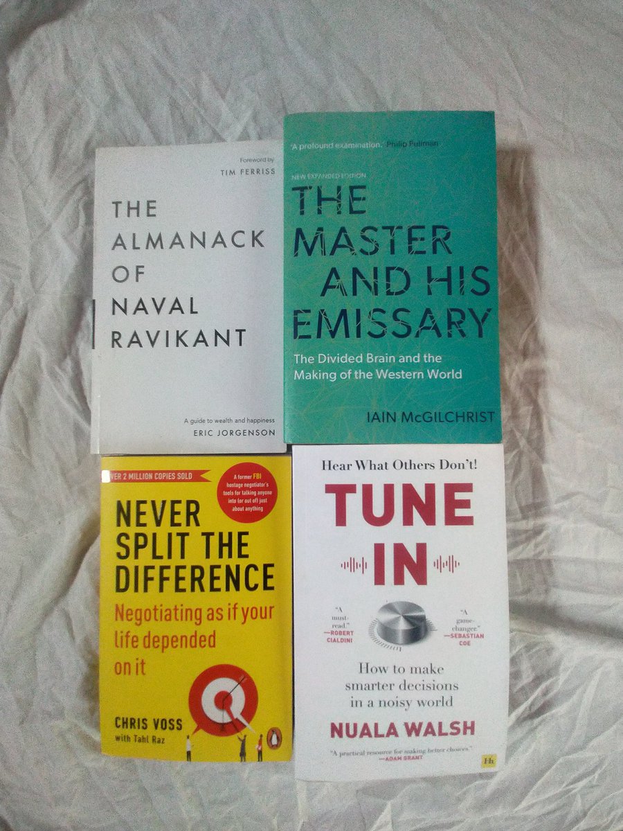 4 Amazing Books That Worth Reading 

1. The Almanack of Naval Ravikant
2. The Master & His Emissary
3. Never Split the Difference
4. Tune In