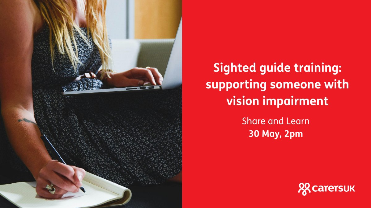 Join us on 30 May at 2pm for our Share and Learn session about supporting someone with vision impairment. This session will introduce some of the basic guiding techniques for adults with sight loss. Sign up here: go.carersuk.org/3WERhXT?utm_so…