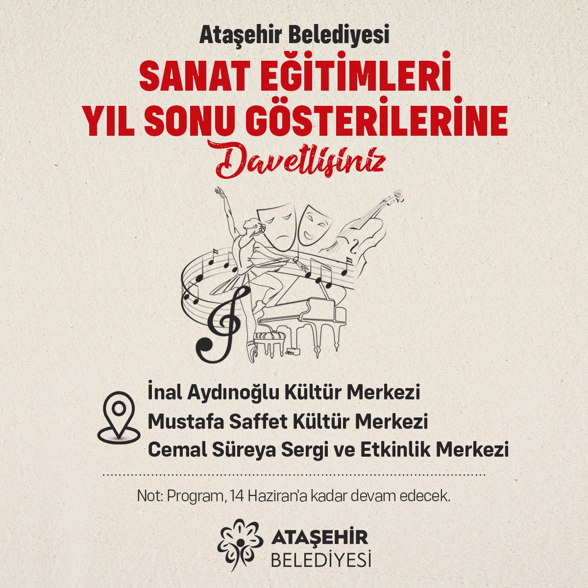 Değerli komşularımız, sanat dolu bir yılın daha sonuna geldik.   

Gösterilerimizi sahneleyerek, sizlerle paylaşmaktan dolayı mutluluk duyuyoruz. ❤️ 

Detaylı program bilgisine web sitemiz üzerinden ulaşabilirsiniz.
atasehir.bel.tr/haber/sanat-eg…