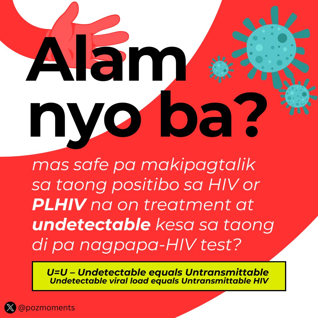 PozMoments's tweet photo. Sa true lang naman tayo. Kapag ang isang PLHIV ay naggagamutan at virally suppressed na, hindi na ito nakakahawa. So bakit ka pa matatakot sa kanila (PLHIV)? #EndHIVStigma #UequalsU #EndAIDS https://t.co/XIhjiAJQsB