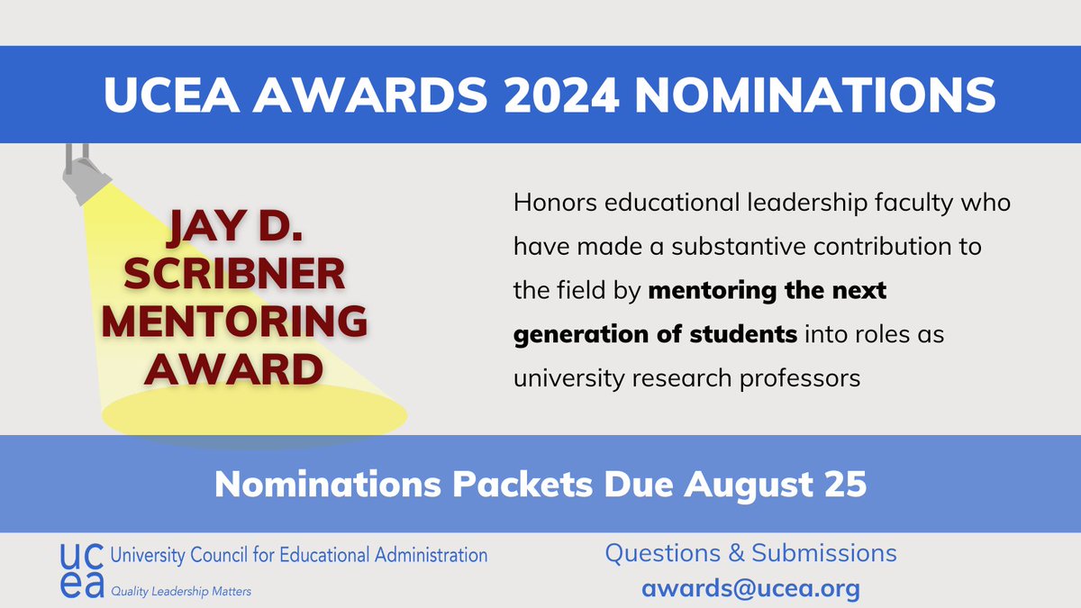 #UCEA24 Awards are open for nominations!
Have a colleague who is a #UCEAwesome mentor to junior scholars?  Check out the Jay D. Scribner Mentoring Award for them! #LeadershipMatters @DrMoniByrne @UCEAGSC @UCEAJSN
For more information: ucea.org/award_jay.php