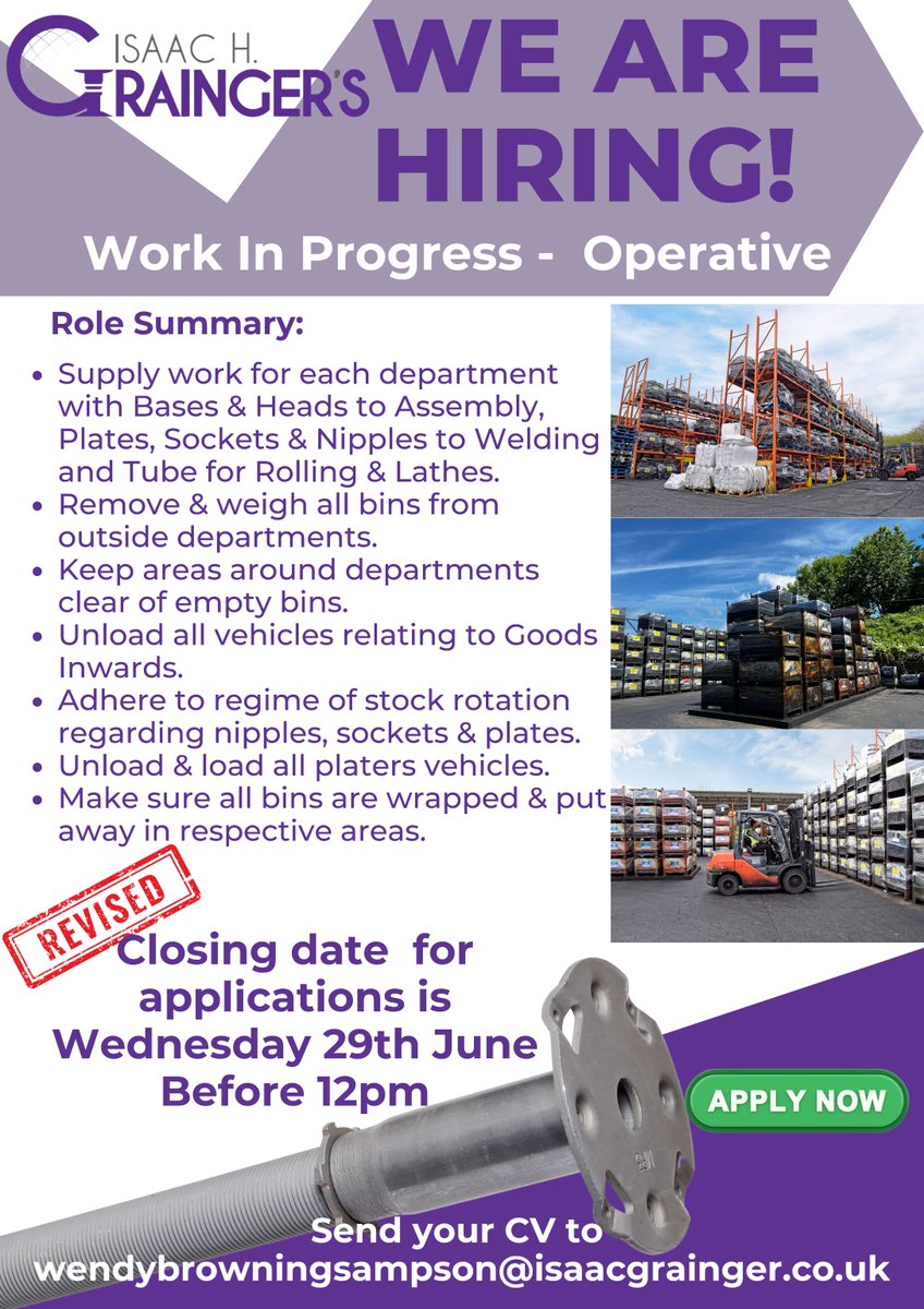 IsaacHGrainger's tweet photo. We are hiring!
An exciting opportunity to join our despatch team...
Work In Progress -  Operative
Closing date  for applications is:
Wednesday 29th June
Before 12pm
Send your CV to:
wendybrowningsampson@isaacgrainger.co.uk https://t.co/jMsiOWYlcV