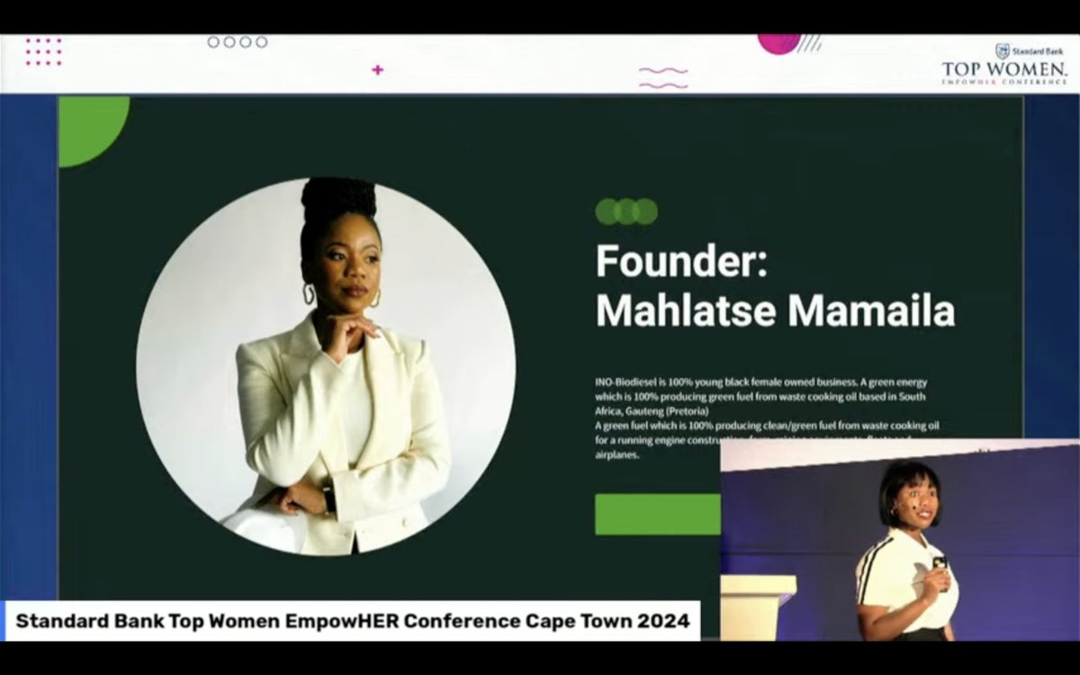 Will she save us from the SOARING #fuel and #petrol prices in #SouthAfrica? 👀 Our final finalist for the day is: Mahlatse Mamaila from INO-Biodiesel ⛽️ @SB_BusinessZA @Topco_Media #SBTWEmpowHER #SBTopWomen #RiseAboveTheNoise #StandardBank #TopcoMedia