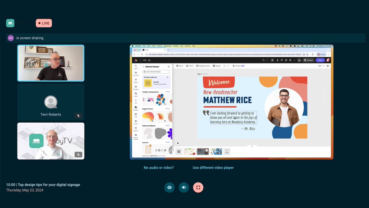 We want to say a massive thank you to @adobe Education Specialist, Kyle Webster for a brilliant #Webinar & showcasing all the amazing things you can do with @AdobeExpress !

@AdobeForEdu #EdTech #EdChat #DigitalSignage #SwitchOnYourSignage #Adobe #Tech #Teach #TrilbyTV #Education